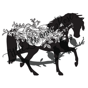Black Floral Horse Instant Transfer
