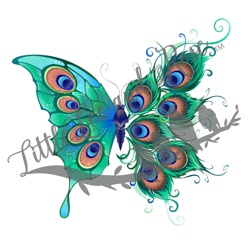 Butterfly with Green Peacock Feathers Instant Transfer